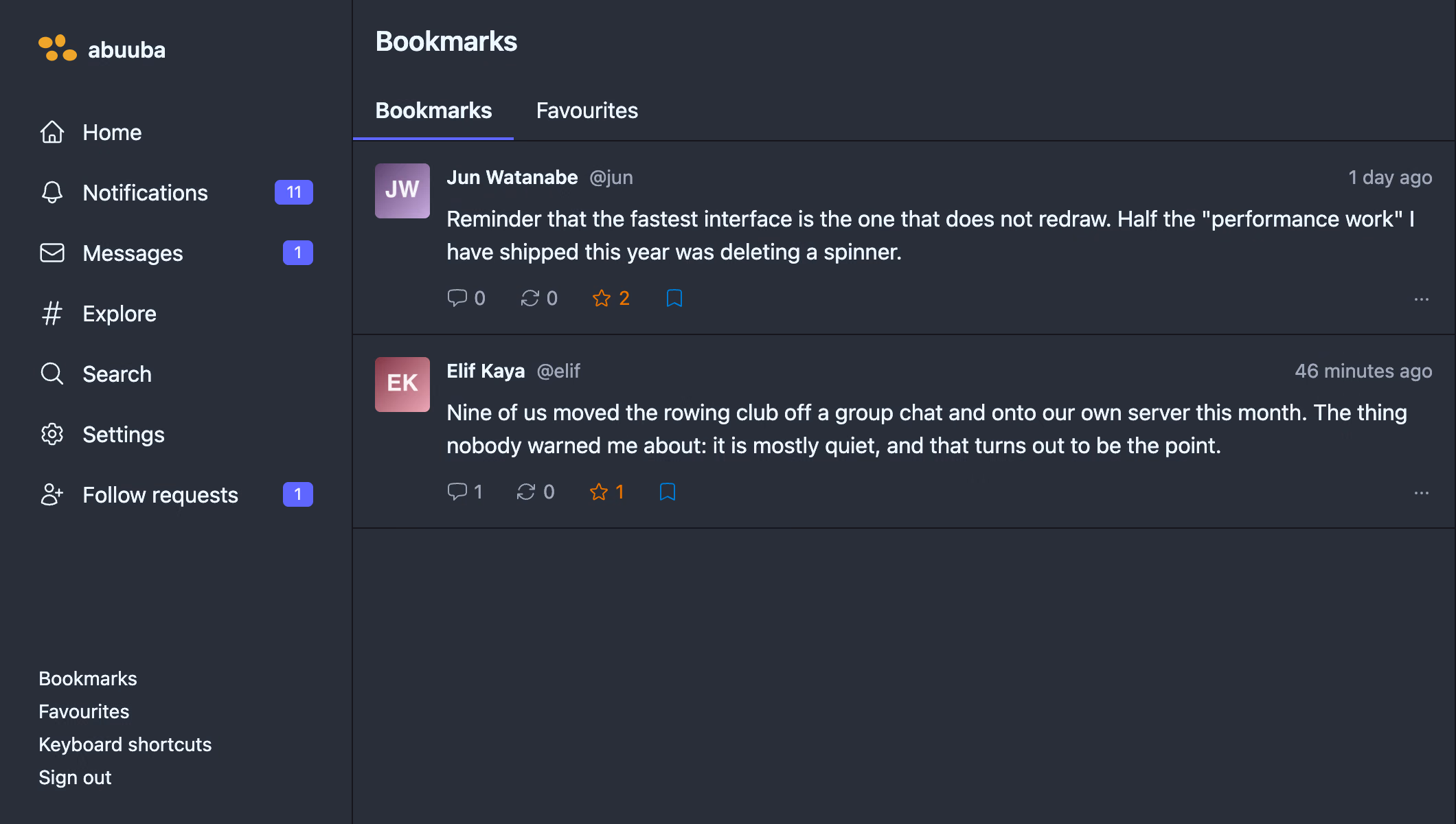 The bookmarks screen with tabs for bookmarks and favourites, and the posts this account has filed away.