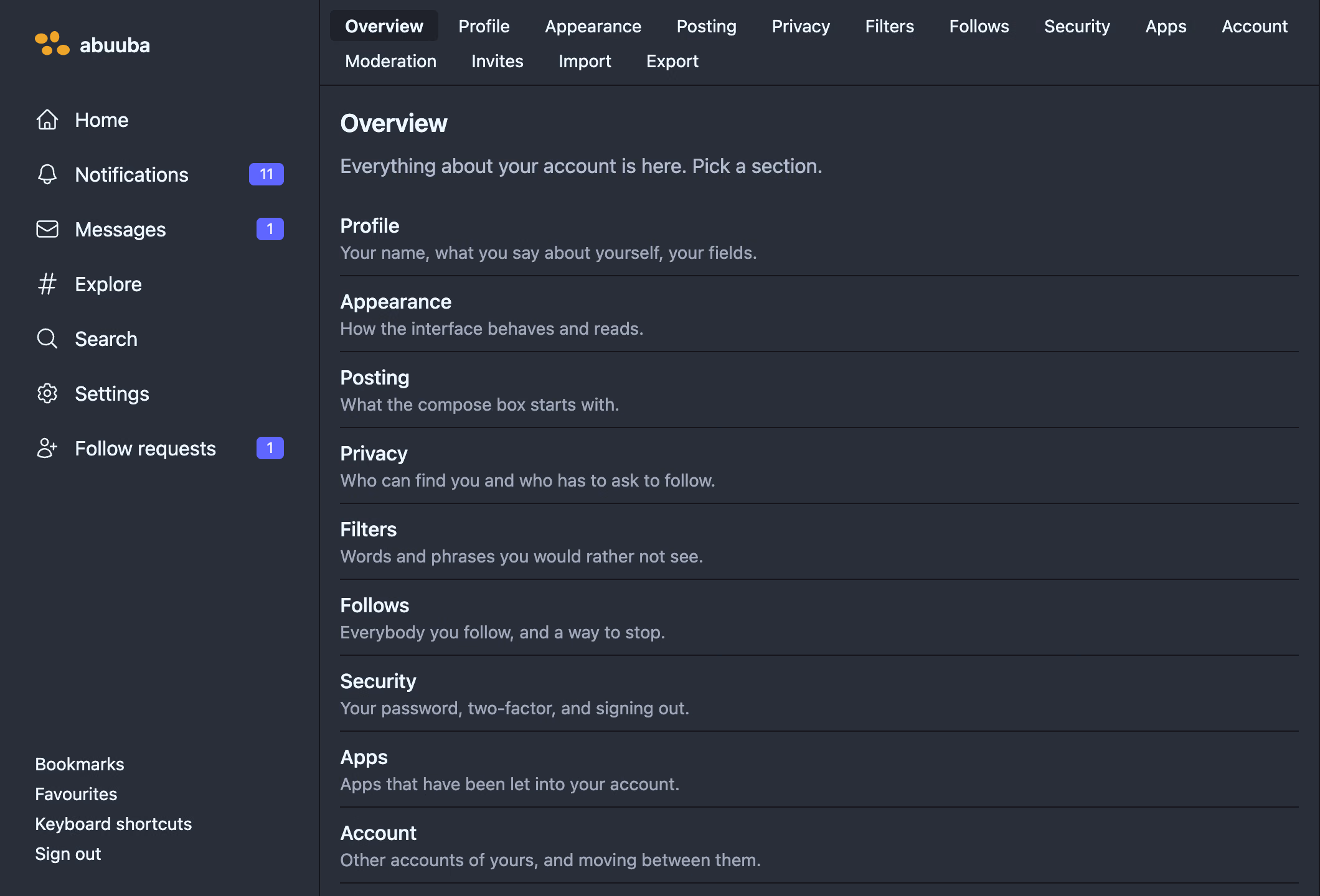 The settings overview: fourteen sections from profile and appearance through privacy, filters, security, apps and export, each with a line saying what it holds.