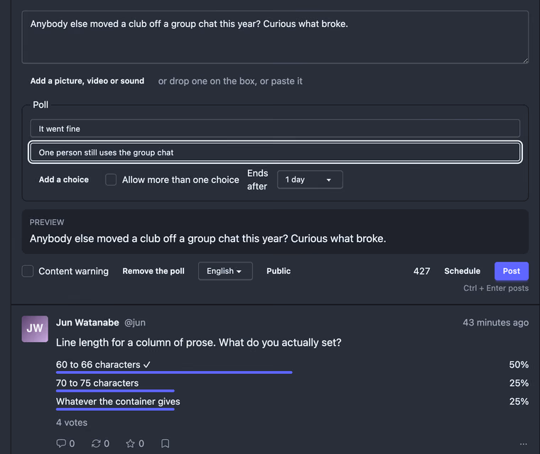 The same box with a poll open: two answer fields filled in, a link to add a third, a checkbox for allowing more than one choice, and a menu for how long it runs.