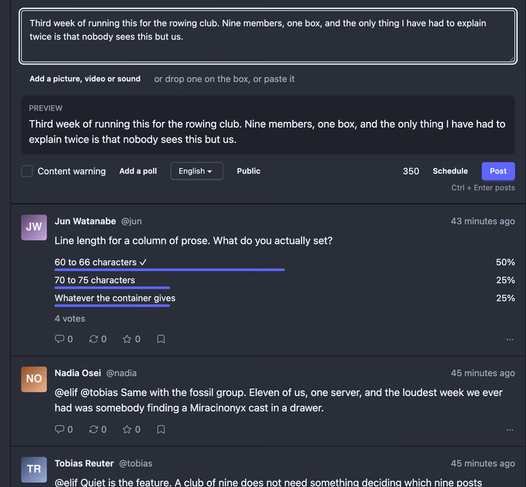 Writing a post: a text box with three sentences in it, a live preview below, and a row of controls for a content warning, a poll, the language, the audience, the character count, scheduling and the post button.