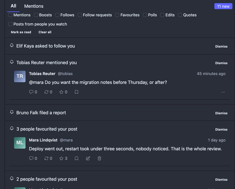 The notifications screen with tabs for everything and for mentions, a row of checkboxes choosing which kinds arrive, and notifications about a mention and a new post.