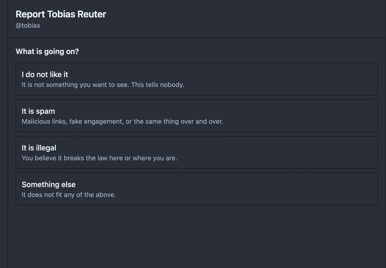 The first question of a report: four choices, from I do not like it through spam and illegal to something else, each with a sentence saying what it means.