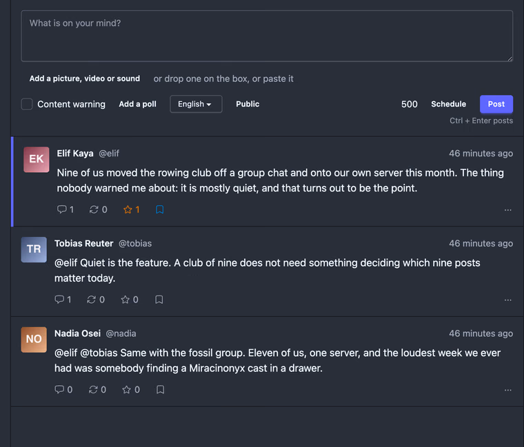 A conversation of three posts, the one being read marked with a coloured bar down its left edge, each with reply, boost, favourite and bookmark counts underneath.