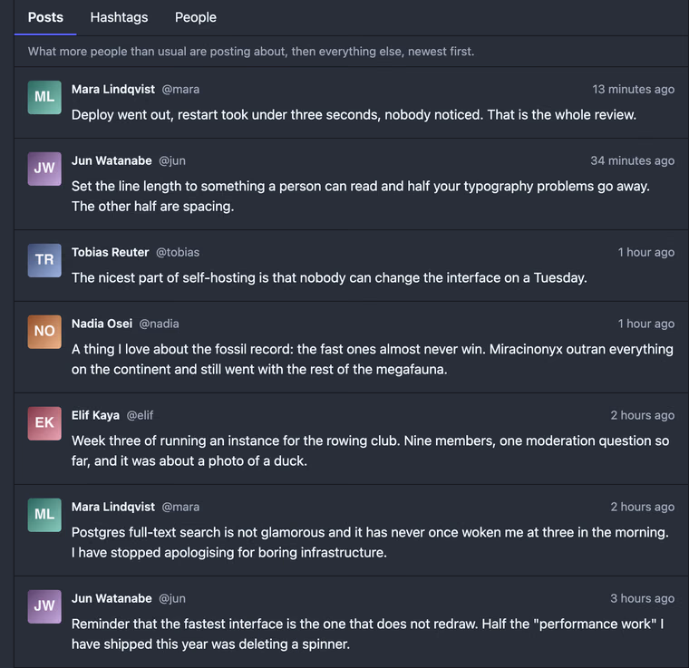 The explore timeline: seven posts from five accounts, each row showing an avatar, a display name, a handle and how long ago it was posted.